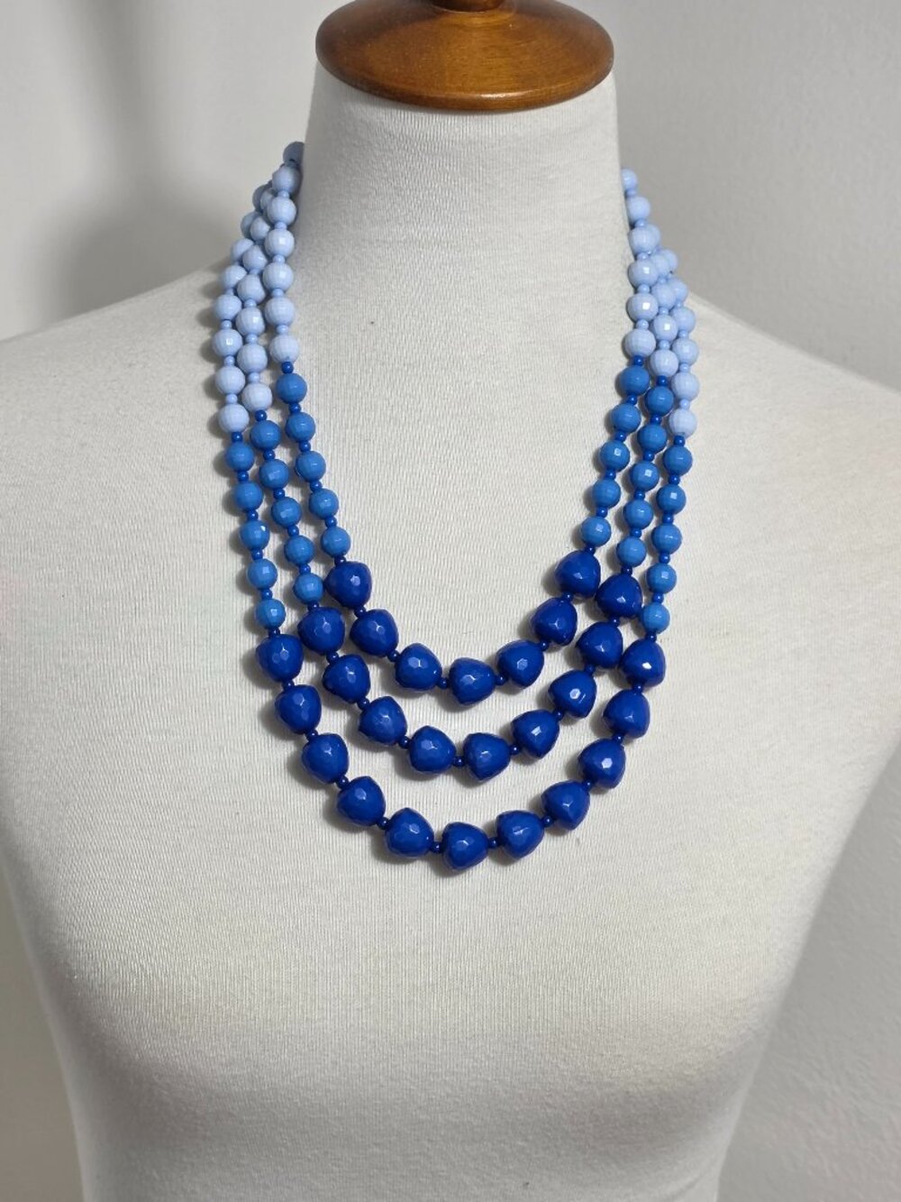 Jules Three-Strand Statement Necklace Faceted Blue Beads in Ombre Gradiant